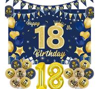 Sursurprise 18th Birthday Decorations for Boy Navy Blue and Gold, Happy 18th Birthday Backdrop, Triangle Flag Banner, Number 18 Balloon, Eighteen Year Old Bday Party Supplies