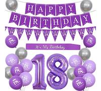 Sursurprise 18th Birthday Decorations for Girls - Purple and Silver Balloons, Happy Triangle Garland & Banner, Number 18 Foil Balloons, It's My Birthday Sash, Party Supplies