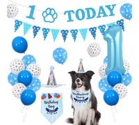 Sursurprise 1st Birthday Boy Decorations - Blue Dog Bandana Hat Set with Triangle Bunting Banner, Scarf, Number 1 Balloon and Party Supplies for 1 Year Old