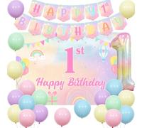 Sursurprise 1st Birthday Decorations for Girls Pastel, Happy 1st Birthday Banner Backdrop, Pastel Number 1 Balloon, 1 Year Old Birthday Party Supplies