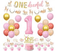 Sursurprise 1st Birthday Deer Decorations for Girls, One Deerful Banner Cake Topper Deer Banner Cupcake Toppers Balloons for Fawn Doe Woodland Animal First Birthday Party Supplies