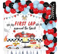Sursurprise 1st Birthday Racing Theme Decorations, First Lap Around the Track Balloon Garland Arch Kit with Backdrop, Fast One Vintage Race car 1st Birthday Party Supplies for Boys