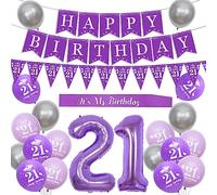 Sursurprise 21st Birthday Decorations for Her - Purple & Silver Triangle Flags Banner, Number 21 Foil Balloon, It's My Birthday Sash