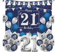 Sursurprise 21st Birthday Decorations for Him Blue, Navy Blue Silver Happy 21st Birthday Backdrop, Triangle Flags Banner, Number 21 Balloon, 20 Year Old Bday Party Supplies