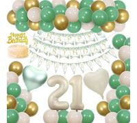 Sursurprise 21st Birthday Decorations Sage Green for Her Him, Green Gold Balloon Garland Arch Kit with Happy Birthday Triangle Flags Banner, Cake Topper, Number 21 Heart Foil Balloons, Twenty One