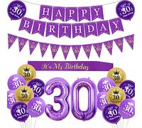 Sursurprise 30th Birthday Decorations for Woman, Purple and Gold Balloons, Happy Triangle Garland & Banner, Number 30 Foil Balloons, It's My Birthday Sash, Party Decor for Her
