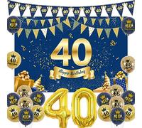 Sursurprise 40th Birthday Decorations for Men Blue Gold, 40th Birthday Backdrop, Triangle Flags Banner, Navy Blue Gold 40th birthday Balloons, 40 Year Old Bday Party Supplies