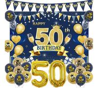 Sursurprise 50th Birthday Decorations for Men Blue Gold, Navy Blue Gold 50th Birthday Backdrop, Triangle Flags Banner, Number 50 Balloon, 50 Year Old Bday Party Supplies
