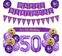 Sursurprise 50th Birthday Decorations for Woman - Purple and Gold Balloons, Happy Triangle Garland & Banner, Number 50 Foil Balloons, It's My Birthday Sash - Party Supplies