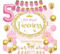 Sursurprise 5th Birthday Decorations for Girl: Her Royal Fiveness Princess Party Pack - Pink & Gold Paisley Backdrop, Cupcake Toppers, Cake Topper, Banner, Sash, Balloons