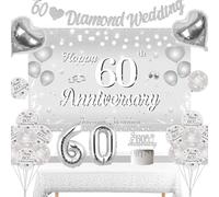 Sursurprise 60th Wedding Anniversary Decorations, White Silver Happy 60th Anniversary Backdrop Balloons Cake Topper, 60 Diamond Wedding Banner, Tablecloth with Runner