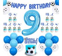 Sursurprise 9th Football Decorations Blue and White for Boys, Soccer Happy Birthday Banner Cake Topper Set, Go Team Number 9 Foil Balloons, Football Fans Ninth Birthday Party Supplies