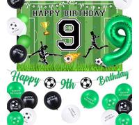 Sursurprise 9th Football Decorations - Green & White Boys' Soccer Birthday Banner, Foil Balloons, Party Supplies for 9th Birthday