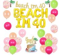 Sursurprise Beach 40th Birthday Party Decorations, Beach I’m 40 Banner Cake Topper, Flamingo Palm Tree Balloons, Hawaiian Tropical Summer Aloha Garden 40 Year Old Birthday Party Supplies for Women