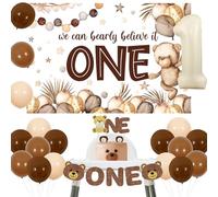 Sursurprise Bear 1st Birthday Decorations for Boys , Bear Backdrop, High Chair Banner, Cake Topper, Brown Balloons, Beary First Birthday Party Supplies
