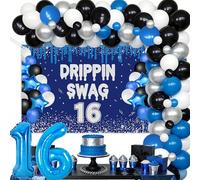 Sursurprise Blue and Black 16th Birthday Decorations, Drippin Swag 16 Backdrop with Balloon Garland Kit and Number 16 Foil Balloon for Boys Sixteen Birthday Party Supplies