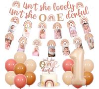 Sursurprise Boho Rainbow 1st Birthday Decorations for Girls, Isn't She Lovely Isn't She Onederful Photo Banner Cake Topper, Retro Beige Number 1 Balloon, Bohemian Rainbow First Birthday Party Supplies