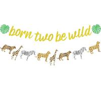 Sursurprise Born Two Be Wild Banner Gold Glitter Animal Print Cheetah Garland, Jungle Safari Theme Wild Two Second Birthday Party Decorations for Kids