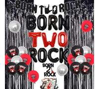 Sursurprise Born Two Rock Birthday Decorations Rock and Roll 2nd Birthday Party Supplies with Born Two Rock Balloon Banner Cake Topper Guitar Balloon Fringe Curtain for Rock Band Music Theme Party