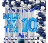 Sursurprise Bruh I’m 10 Birthday Decorations Blue Silver, 10th Birthday Decor with Balloon Garland Kit, Banner, Cake Topper, Cupcake Toppers, Foil Fringe Curtain for 10 Years Old Party Supplies