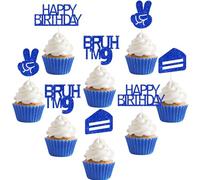 Sursurprise Bruh It's My Birthday Decorations Blue, 24Pcs Bruh I’m 9 Birthday Cupcake Toppers, Preteen and Teen Boy Bday Decorations Party Supplies