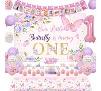 Sursurprise Butterfly 1st Birthday Decorations for Girl, Our Sursurprise Little Butterfly Is Turning One Backdrop Cake Topper Photo Banner Tablecloth Balloons, Butterfly First Birthday Party Supplies