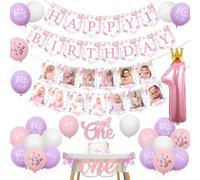 Sursurprise Butterfly 1st Birthday Decorations for Girl, Pink Purple Happy First Birthday Banner Monthly Photo Banner, Cake Topper, Number One Crown Balloon, One Year Old Happy Bday Party Supplies
