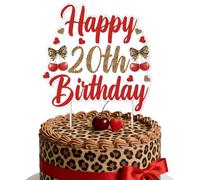 Sursurprise Cheetah and Cherry 20th Birthday Cake Topper, Leopard Print Cherry Theme Cake Decoration for Women, Happy 20th Birthday Party Decor for Dessert Table or Celebration