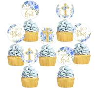 Sursurprise Christening Decorations Blue, 36Pcs God Bless Cupcake Toppers, A Child of God Cake Picks, Floral Baby Shower Baptism Table Decor for Boys