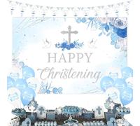 Sursurprise Christening Decorations Blue for Boys, Happy Christening Backdrop, On Your Christening Day Banner, First Holy Communion Baby Shower Baptism Party Supplies