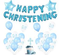 Sursurprise Christening Decorations for Boys Blue, Happy Christening Balloons Banner Cake Topper, First Holy Communion Confirmation Decor, On Your Christening Day Baby Shower Baptism Party Supplies