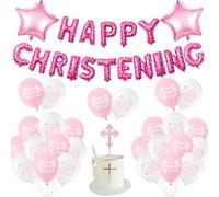 Sursurprise Christening Decorations Pink, Happy Christening Balloons Banner Cake Topper, First Holy Communion Confirmation Decor, On Your Christening Day Baby Shower Baptism Party Supplies