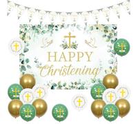 Sursurprise Christening Decorations Sage Green, Happy Christening Backdrop, On Your Christening Day Banner, Cross Balloons, First Holy Communion Baby Shower Baptism Party Supplies