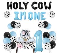 Sursurprise Cow 1st Brithday Decorations for Boy Blue, Holy Cow I’m One Balloon Cake Topper High Chair Banner, Farm Animal Barnyard First Birthday Party Supplies