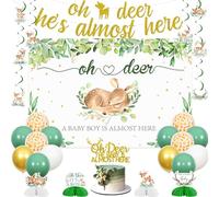Sursurprise Deer Baby Shower Decorations for Boy, Oh Deer He’s Almost Here Backdrop Banner Cake Topper Hanging Swirls Honeycomb Centerpieces Balloons, Woodland Animal Party Supplies