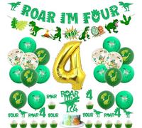 Sursurprise Dinosaur 4th Birthday Decorations, Dinosaur Roar I’m Four Banner Cake Topper, Number 4 Balloon, Green Jungle Animals 4 Year Old Birthday Party Supplies for Boys