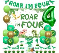 Sursurprise Dinosaur 4th Birthday Decorations, Roar I’m Four Backdrop Banner Cake Topper Cupcake Toppers Balloons for Boys 4 Years Old Birthday Party Supplies