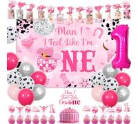 Sursurprise Disco Cowgirl 1st Birthday Decorations, Man I Feel Like I’m One Backdrop Cake Topper Cowgirl Photo Banner Cupcake Toppers Balloons for First Rodeo Western Birthday Party Supplies