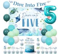 Sursurprise Dive Into Five Birthday Decorations, Ocean 5th Birthday Party Supplies with Backdrop, Banner, Balloons, Cake Topper, Cupcake Toppers, Under the Sea Theme Decor, Sea Animal Party Decor