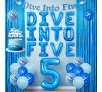 Sursurprise Dive Into Five Birthday Decorations, Ocean Theme Party Supplies with Banner, Balloons, Cake Topper, Number 5 Foil Balloon and Fringe for Under the Sea 5th Birthday Sea Animal Party Decor