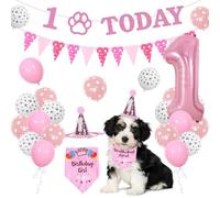 Sursurprise Dog 1st Birthday Decorations Girl, Pink Dog Birthday Bandana Hat Set with 1 Today Triangle Bunting Banner, Triangle Scarf, Number 1 balloon, 1 Year Old Dog Birthday Party Supplies