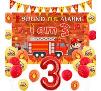 Sursurprise Fire Engine 3rd Birthday Decorations for Boy, Sound the Alarm I am 3 Banner Backdrop Fire Truck Balloons Fireman Firefighter 3 Year Old Birthday Party Supplies