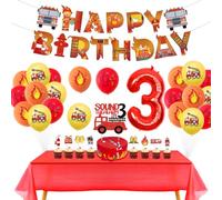 Sursurprise Fire Engine 3rd Birthday Decorations for Boy, Sound the Alarm I’m 3 Cake Topper, Happy Birthday Banner, Flame Balloons, Tablecloth, Firemen Firefighter Birthday Party Supplies