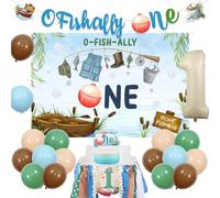 Sursurprise Fishing 1st Birthday Decorations, O Fish Ally One Backdrop Banner Cake Topper Highchair Banner for Gone Fishing First Birthday Party Supplies