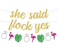 Sursurprise Flamingo Hen Party Decorations, She Said Flock Yes Banner, Flamingo Diamond Ring Palm Leaves Garland for Tropical Hawaiian Luau Bridal Shower Engagement Wedding Bachelorette Party