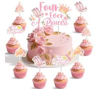 Sursurprise Four Ever a Princess Cake Toppers, 25PCS Princess 4th Birthday Cake Decorations, Castel Crown High Heels Carriage Cupcake Toppers, Princess 4 Years Old Birthday Party Supplies for Girls