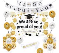 Sursurprise Graduation Decorations 2025, White Gold We Are So Proud of You Backdrop Banner, Congrats Balloons , I Graduated Sash, School Leavers Props, Congratulations Graduation Party supplies