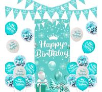 Sursurprise Happy Birthday Decorations Teal, Teal Blue Happy Birthday Door Banner, Triangle Bunting, Turquoise Balloons, Happy Birthday Party Supplies for Girls Women 10 13 16 18 21 30 50 60