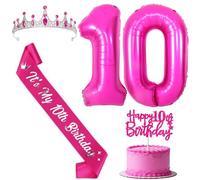 Sursurprise Hot Pink 10th Birthday Decorations for Girls, Includes Crown,It’s My 10th Birthday Sash, Cake Topper and Number 10 Balloon, Ten Bday Party Decor Kit, 10 Years Old Girl Party Supplies