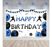 Sursurprise Karate Birthday Decorations, Karate Happy Birthday Backdrop Banner Photography Background Photo Studio Props Blue Black 5 x 3ft for Boys Taekwondo Martial Arts Birthday Party Supplies